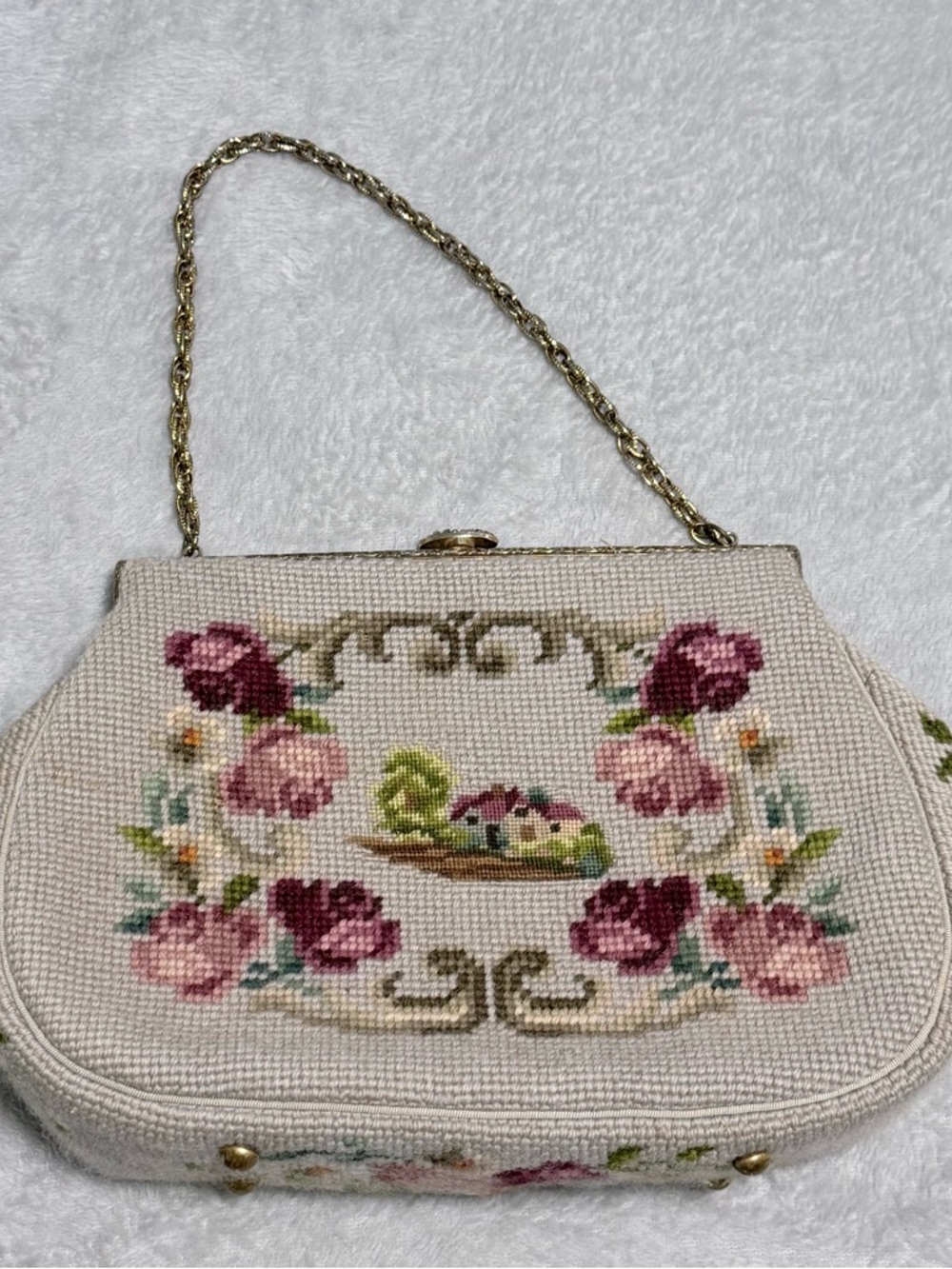 Vintage 50s Needlepoint House Floral Footed Purse Handbag